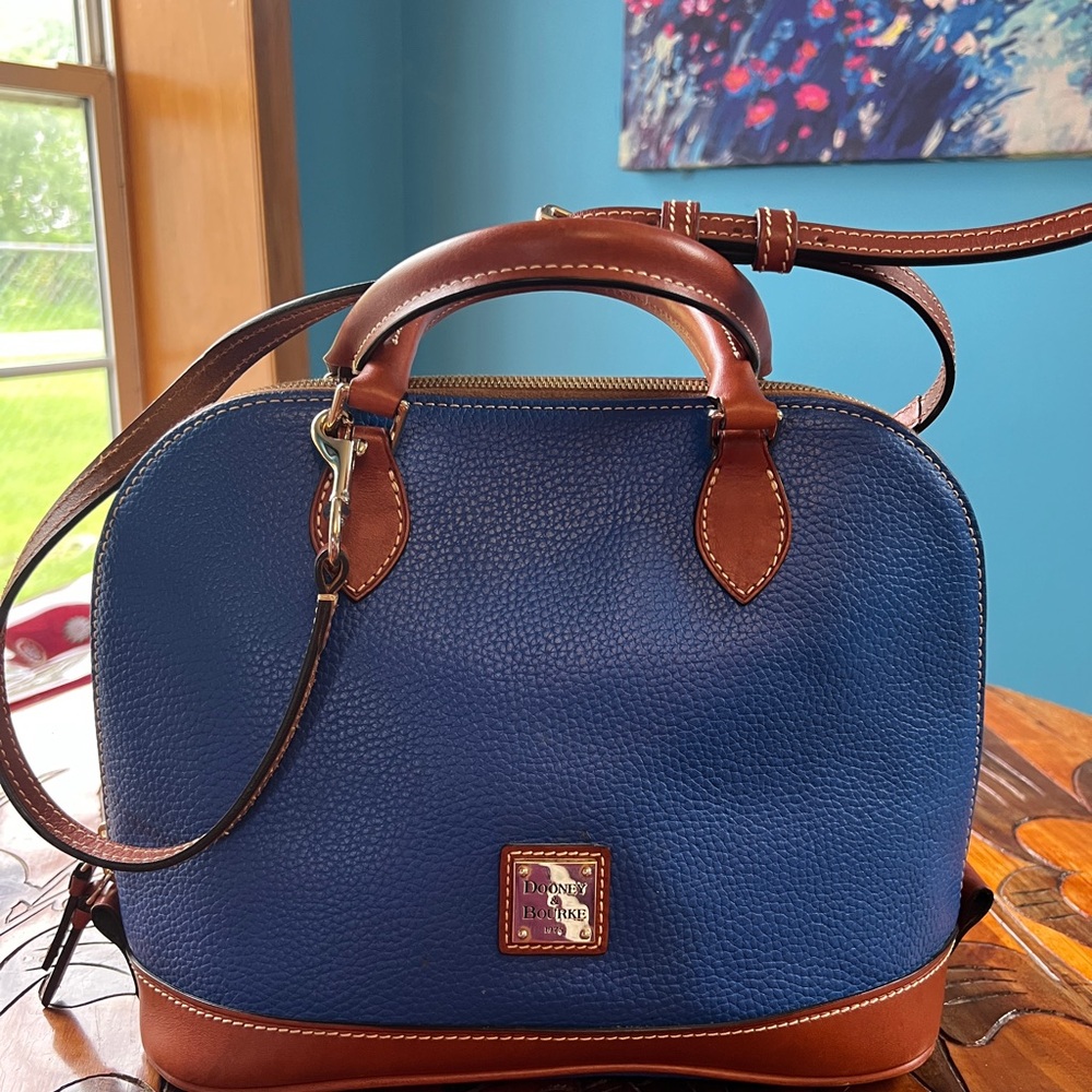 Dooney & Bourke Blue and Brown Satchel with Leather Trim
